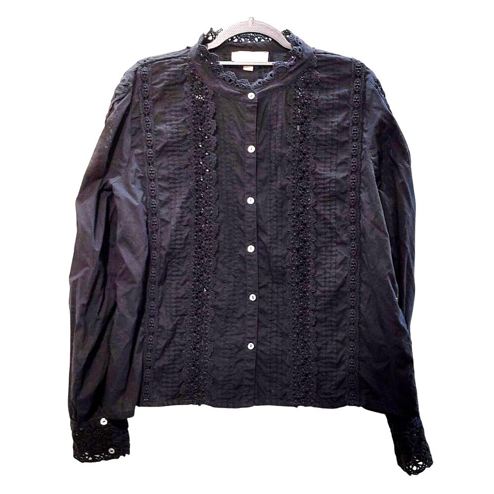 Jennifer & Grace Blouse Lace Trim Eyelet Prairie Black Women Large Boho Romantic - Picture 2 of 9